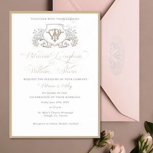 Luxury Botanical Wedding Invitation, Custom Monogram Crest wedding invite, Wedding Invitation Suite, personalized Guest names