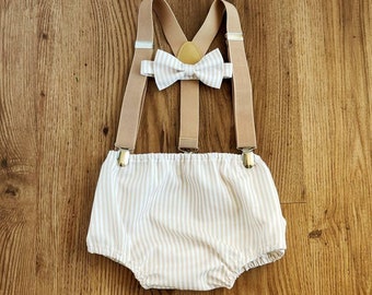 Cream Stripe Baby Boy Cake Smash Outfit Bloomer Diaper Cover, Suspenders and Bow Tie Set