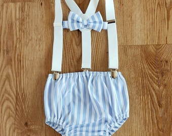 Light Blue Wide Stripe Baby Boy Cake Smash Outfit Bloomer Diaper Cover, Suspenders and Bow Tie Set