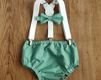 Sage Green Baby Boy Cake Smash Outfit Bloomer Diaper Cover, Suspenders and Bow Tie Set