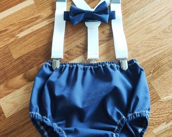 Navy Blue Baby Boy Cake Smash Outfit Bloomer Diaper Cover, Suspenders and Bow Tie Set