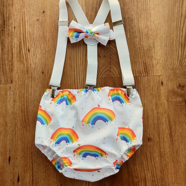 Cute Rainbow Baby Boy Cake Smash Outfit Bloomer Diaper Cover, Suspenders and Bow Tie Set