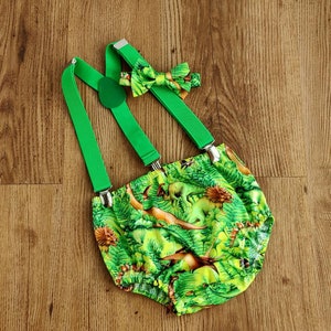 On Safari Baby Boy Cake Smash Outfit Bloomer Diaper Cover, Suspenders and Bow Tie Set