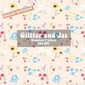 Op de afbeelding: Een naadloos patroon met verschillende bloemen, waaronder zonnebloemen, madeliefjes en kleine blauwe bloemen. De achtergrond is licht perzikkleurig. De tekst "Glitter and Jas Seamless Pattern 300 DPI" wordt in het midden van de afbeelding weergegeven.
