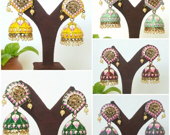 Hand Painted Jhumka Indian Earrings, Indian Jhumka Earrings ,Wedding Jewelry ,Indian Jewelry, Jhumkas, Pakistani Jewelry, Jhumka Earrings