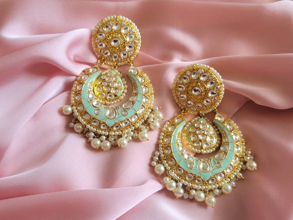 22K Gold Uncut Diamond Chand Bali Earrings With Ruby , Emerald & Japanese  Culture Pearls - 235-DER1053 in 31.050 Grams
