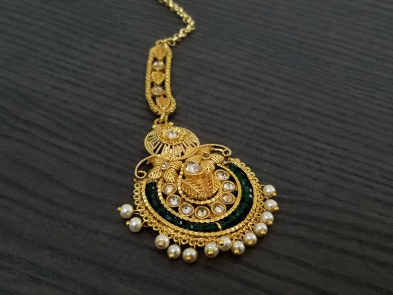 GOLD Green Maang Tikka Pakistani Maang Tikka Wedding Jewelry Indian Hair Jewelry Indian Maang Tikka Gold Maang Tikka Pakistani Jewelry
