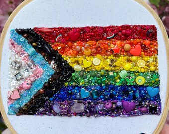 Progress Pride Flag Art LGBTQIA+ embroidery hoop wall art decoration