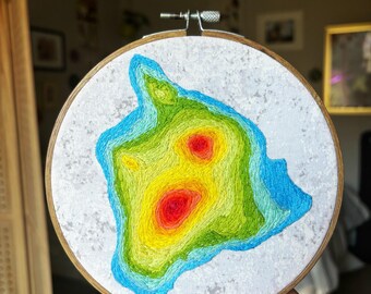 Hawaii Volcanoes National Park / Kilauea / Shield Volcano Topography Map 6” handmade embroidery wall art
