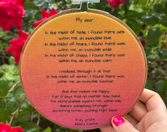 Albert Camus / My Dear / Poetry / The Stranger /   6' handmade embroidery wall art