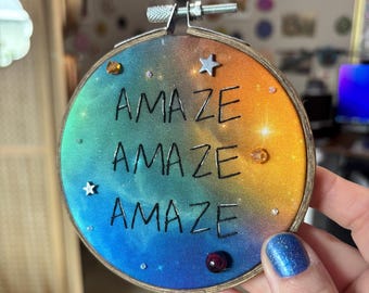 Amaze Amaze Amaze Project Hail Mary Andy Weir Quote 4'' Embroidery Hoop *MADE TO ORDER - Fabric and beads will be slightly different*