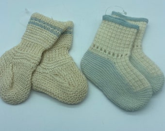 Vintage Knitted Baby /Doll Booties 2 Pairs Cream Blue Knit Socks Boy Shower Gift