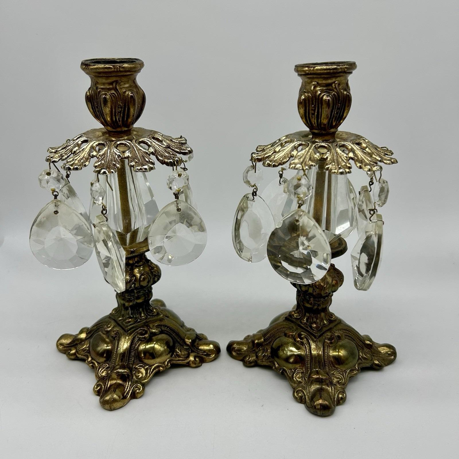 Vintage Hollywood Regency Brass Glass Prism Candlestick Candle Holders Set Of 2