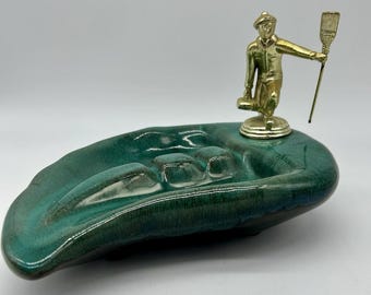 Vintage Curling Trophy Ashtray Mid Century Green Drip Glaze Ceramic Ashtray USA