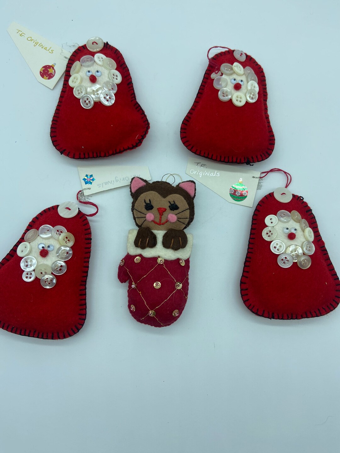 Vintage Handmade Felt Ornaments Lot of 5 Kitten Cat Bells Snowman ...