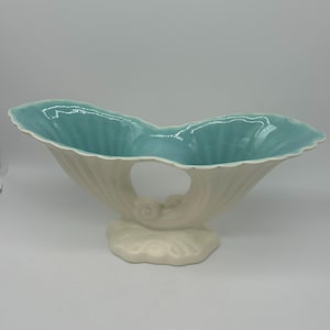 Double Cornucopia Vase 1949 Art Deco White Turquoise Ceramic Shell Mid Century
