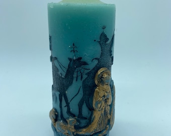 Vintage Christmas Adoration Nativity Pillar Candle Antique Blue Gold Highlights