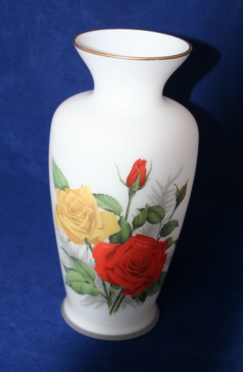 Vintage White Frosted Glass Vase with Yellow & Red Roses Etsy