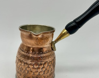 Copper Tone Hammered Turkish Coffee Pot Side Pour Vessel With Handle Geometric