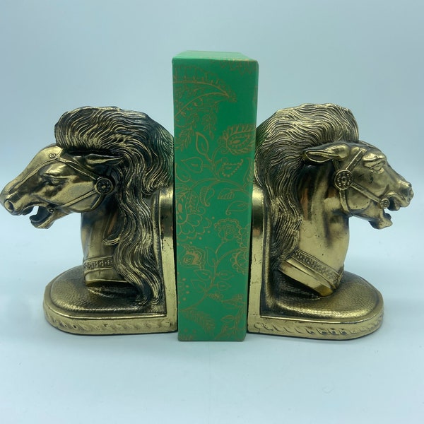 Vintage Horse Cast Metal Brass Gold Tone Bookends Book Ends Western Equestrian
