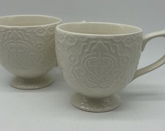 The Old Pottery Company Ceramic Mug Embossed Floral Design Off White Set Of 2