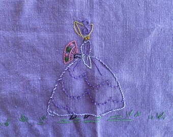 Vintage Crinoline Lady Embroidered Purple Doily Chair Back Spring Easter Cottage