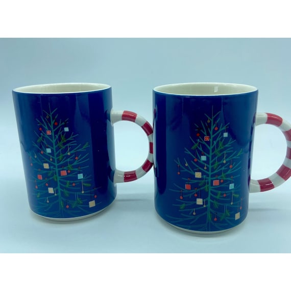 Starbucks Holiday Mug Set Of 2 Blue Christmas Tree Candy Cane Stripe Handle  12oz