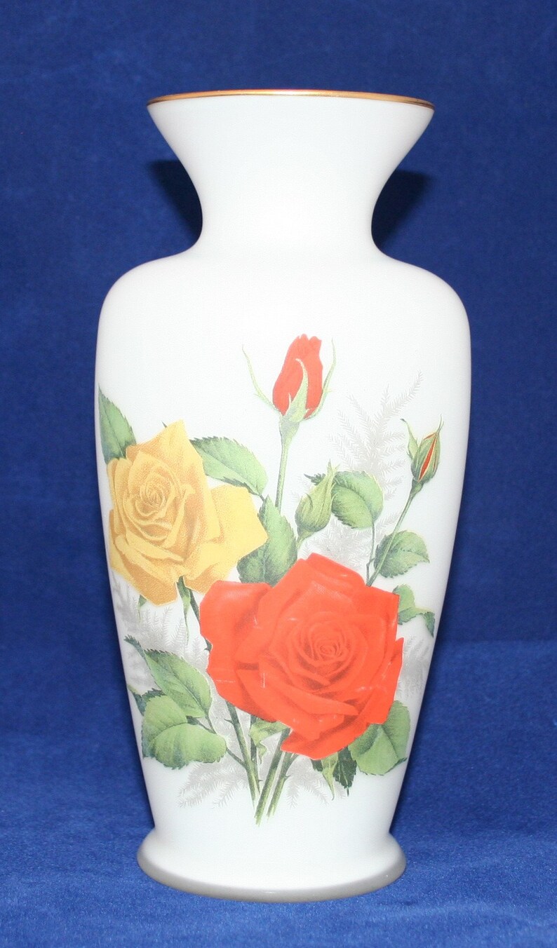 Vintage White Frosted Glass Vase with Yellow & Red Roses Etsy