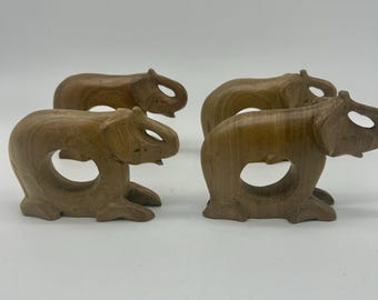 Hand Carved Wood Elephant Napkin Rings Set Of 4 Trunk Up Lucky African Decor