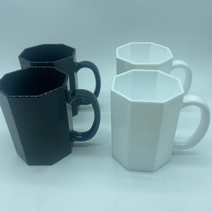 Vintage Arcoroc Luminarc France Black White Mugs Set of 4  Octime Octagonal 8 Oz Domino