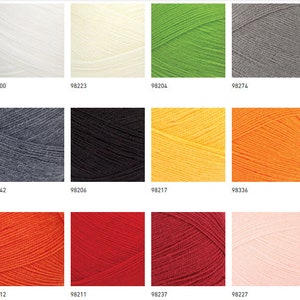 May include: A collection of yarn skeins in various colors, including white, cream, green, gray, black, yellow, orange, red, and pink. The yarn skeins are arranged in a grid pattern.