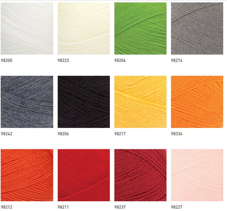 May include: A collection of yarn skeins in various colors, including white, cream, green, gray, black, yellow, orange, red, and pink. The yarn skeins are arranged in a grid pattern.