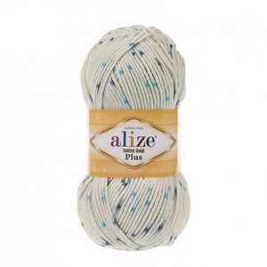 Puede incluir: Una bola de hilo blanco con motas azules y turquesas. El hilo est&aacute; etiquetado como "Alize Cotton Gold Plus."