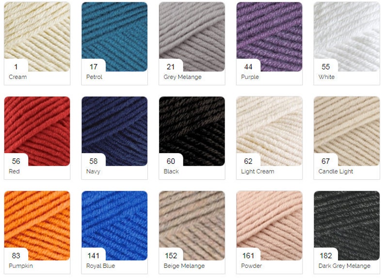 Puede incluir: Una carta de colores de muestras de hilo en varios colores, incluyendo crema, petr&oacute;leo, gris melange, morado, blanco, rojo, azul marino, negro, crema claro, luz de vela, calabaza, azul real, beige melange, polvo y gris melange oscuro.