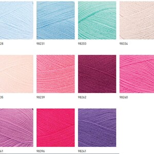 May include: A collection of yarn skeins in various colors, including light blue, sky blue, mint green, cream, light pink, hot pink, burgundy, lavender, and fuchsia. Each skein is labeled with a number.