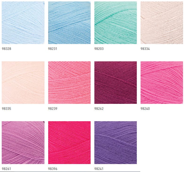 May include: A collection of yarn skeins in various colors, including light blue, sky blue, mint green, cream, light pink, hot pink, burgundy, lavender, and fuchsia. Each skein is labeled with a number.