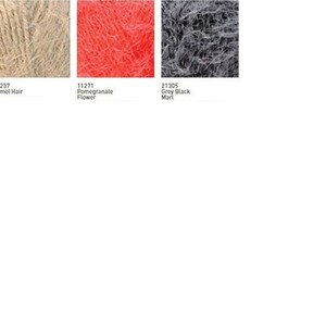 May include: Three yarn samples in different colors: camel hair, pomegranate flower, and grey black marl.
