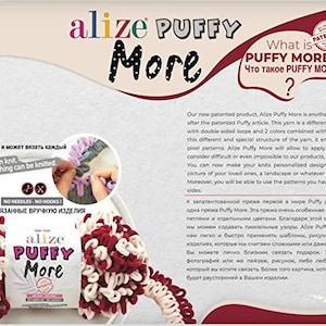 Puede incluir: Primer plano de dos ovillos de hilo, uno blanco y rojo, el otro blanco y rosa. El hilo se llama "Alize Puffy More" y está etiquetado como "Patentado". El hilo está hecho de bucles suaves y esponjosos y es perfecto para tejer o hacer ganchillo.
