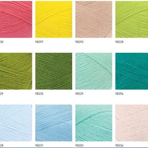 May include: A color chart of yarn skeins in various shades of green, blue, pink, yellow, and beige. The yarn skeins are arranged in three rows of four. Each skein has a number printed below it.