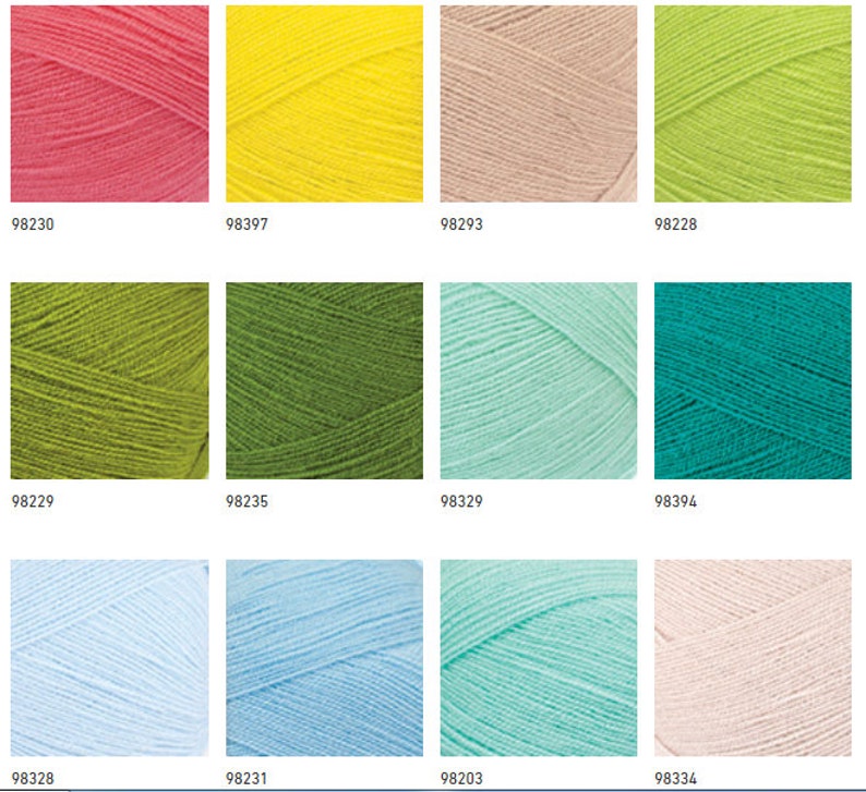 May include: A color chart of yarn skeins in various shades of green, blue, pink, yellow, and beige. The yarn skeins are arranged in three rows of four. Each skein has a number printed below it.