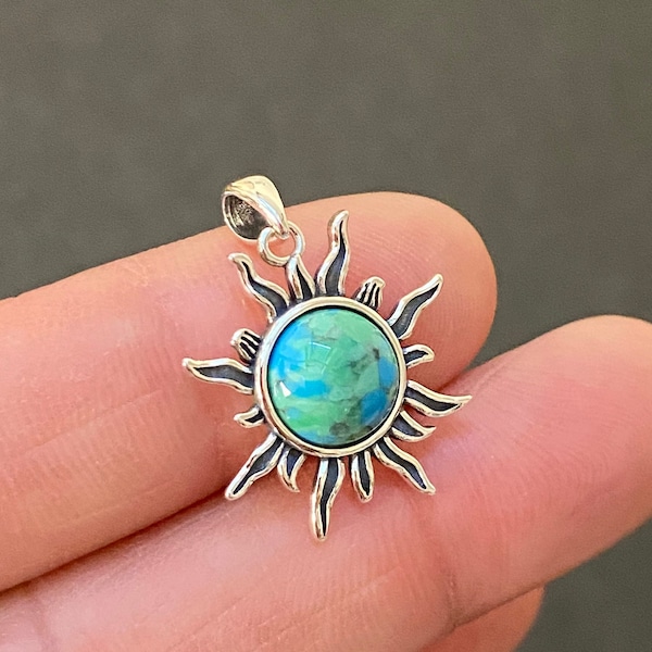 Turquoise Sun Pendant, Small Sterling Silver Turquoise DIY Pendant Supply, Art Deco Celestial Pendant