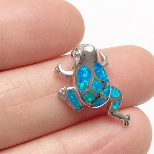 May include: A silver frog pendant with blue opal inlay. The frog is in a jumping pose with its legs outstretched.