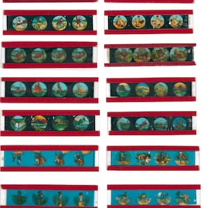 May include: A selection of antique stereoscopic slides, each with a sequence of small, circular pictures. The slides are set in red and white frames. The images show diverse scenes, including portraits, landscapes, and illustrations.