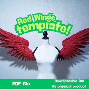 Puede incluir: Un torso de maniquí blanco que lleva grandes alas de color rojo vibrante con texturas de plumas detalladas. Sobre las alas, el texto dice Red Wings template! en verde. En la parte inferior, el texto dice PDF file y Downloadable file No physical product.