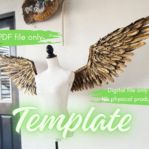 May include: A white mannequin torso displaying large, detailed gold-colored wings with layered feather textures. The image includes green text overlays stating PDF file only, Digital file only, No physical product, and Template.