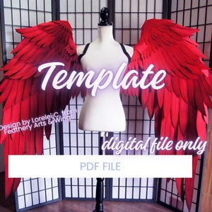 Puede incluir: Grandes alas rojas de plumas sobre un maniquí, con la palabra "Template" en cursiva. También se ve el texto "digital file only" y "PDF FILE". Diseño de Lorelei C. from Feathery Arts & Wings.