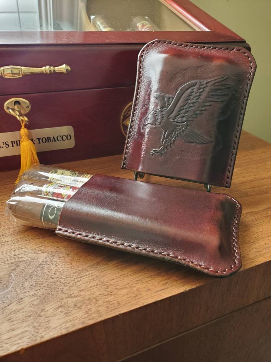 Handmade leather cigar case decorated with hand carved eagle. Etsy