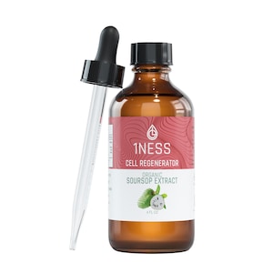 Puede incluir: Una botella de 118 ml de extracto de guanábana orgánico con un gotero. La botella está etiquetada con "1NESS Cell Regenerator Organic Soursop Extract".