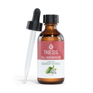 May include: A brown glass bottle with a dropper, labeled "1NESS CELL REGENERATOR ORGANIC SOURSOP EXTRACT 2 FL OZ". The bottle has a white label with a pink and white swirl design and a green and white illustration of a soursop fruit.