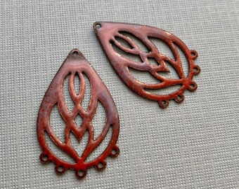 Red, Purple, Pink Enamel Open Work Copper Earring Charms, Artisan Handmade Enameled Jewelry Making Components DIY Supply Supplies